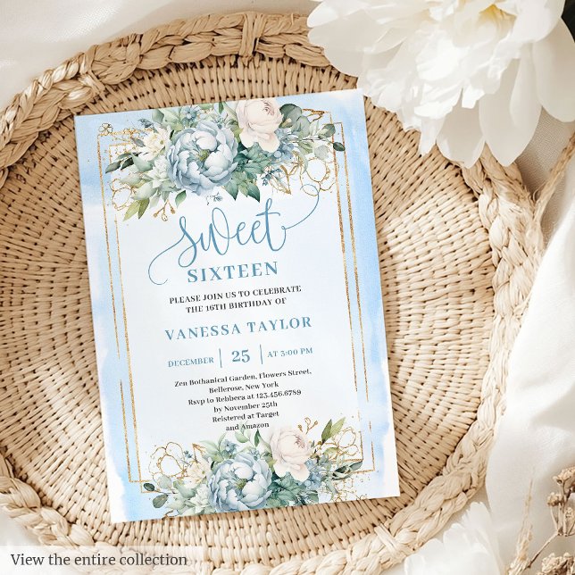 Schöne Dusty Blue White Peony Sweet 16 Einladung (Lovely Dusty Blue White Peonies Sweet 16 Invitation)
