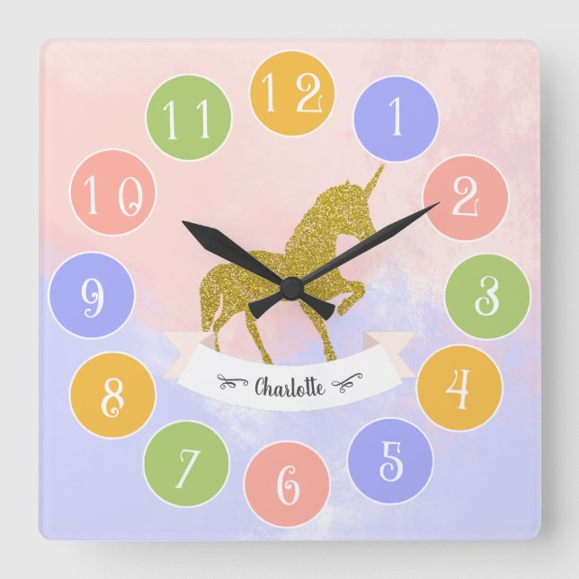 Schöne Einhorn-Silhouette gefüllt mit Glitzer Squ Quadratische Wanduhr (Vorderseite)