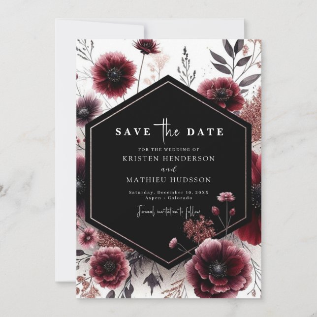 Schöne, einzigartige Burgundy-Hochzeit Save The Date (Vorderseite)