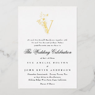 Schöne elegante florale GOLD-Monogramm-Hochzeit Folieneinladung