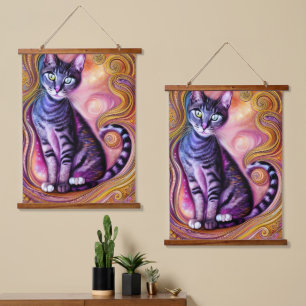 Schöne elegante Katze Wandteppich Mit Holzrahmen