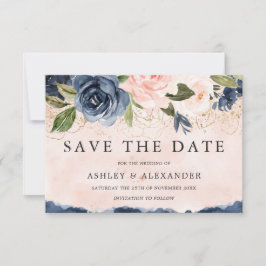 Schöne Elegante Navy Bloral Gold Blush Save The Date