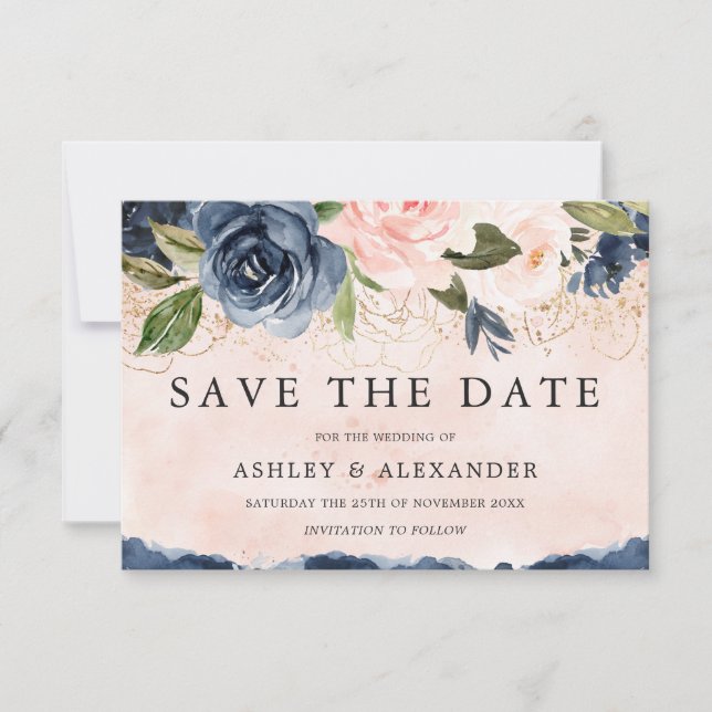 Schöne Elegante Navy Bloral Gold Blush Save The Date (Vorderseite)