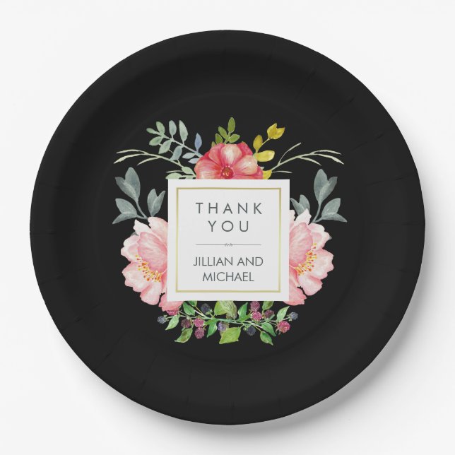 Schöne Elegante Wasserfarben Peonings auf dem Schw Pappteller (Vorderseite)