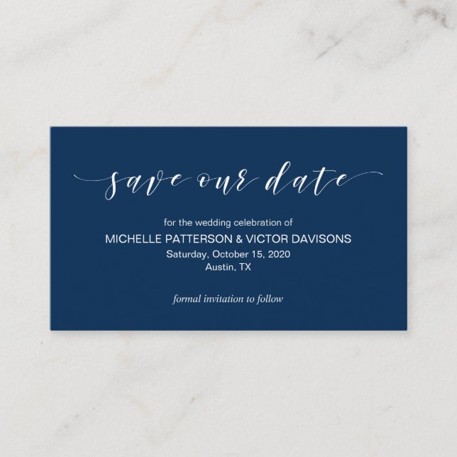 Schöne Eleganz, Navy Blue, Save the Date Begleitkarte (Vorderseite)