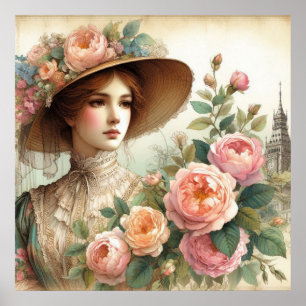 Schöne englische viktorianische Dame und Rosen im  Poster