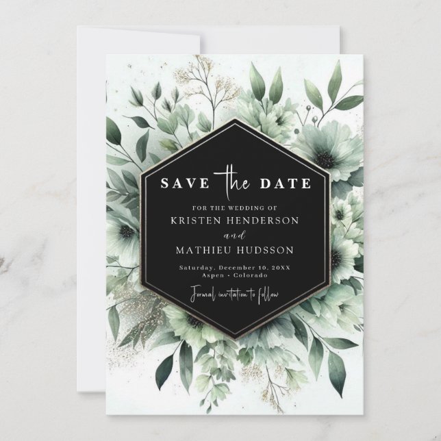 Schöne, erdige Blume sage Green Wedding Save The Date (Vorderseite)