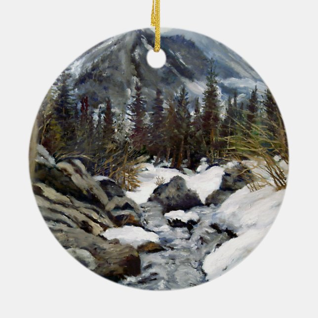 Schöne Estes Park Colorado Winter Stream Keramik Ornament (Hinten)