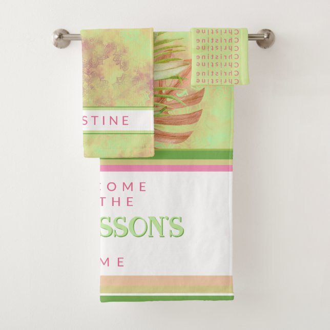 Schöne exotische Blume auf Batik-Grün Custom Badhandtuch Set (Insitu)