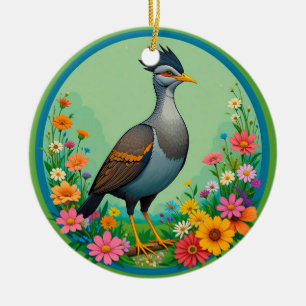 Schöne exotische Vogel, der zwischen farbenfrohen Keramik Ornament
