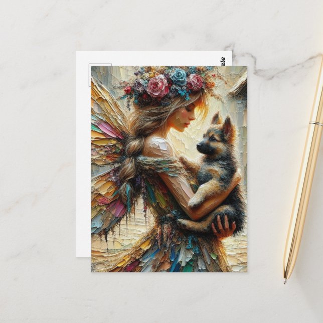 Schöne Fairy und German Shepherds Welpe Postkarte (Vorderseite/Rückseite Beispiel)