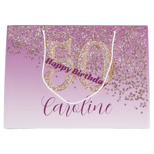 Schöne fallende Rose Gold Glitter 50. Geburtstag Große Geschenktüte (Vorderseite)