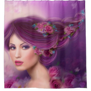 schöne Fantasiefee mit lila Blumen Duschvorhang