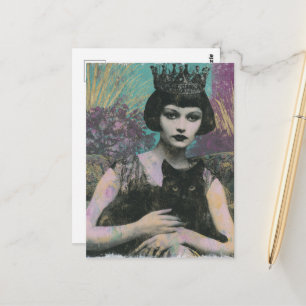 Schöne Fantasy-Königin und ihre schwarze Katze Postkarte