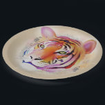Schöne Farben Tiger Wasserfarbe Malerei Pappteller<br><div class="desc">Einzigartiges Tigerkopfportrait künstlerische Handmalerei,  gefüllt mit lebendigen Farben Pinselstriche und Spritzer Tiger Kopf Original Aquarellmalerei,  auf einem Imitat cremig goldenen Aquarellpapier Textur Hintergrund. Ein Dschungelwildkatzenwerk.</div>