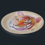 Schöne Farben Tiger Wasserfarbe Malerei Pappteller<br><div class="desc">Einzigartiges Tigerkopfportrait künstlerische Handmalerei,  gefüllt mit lebendigen Farben Pinselstriche und Spritzer Tiger Kopf Original Aquarellmalerei,  auf einem Imitat cremig goldenen Aquarellpapier Textur Hintergrund. Ein Dschungelwildkatzenwerk.</div>