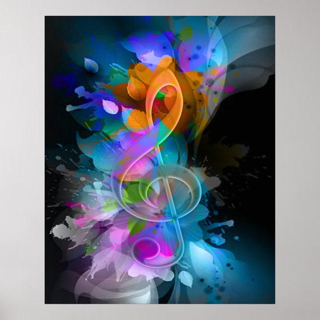 Schöne Farben Treble Clef Blume Blätter Paint Poster (Vorne)