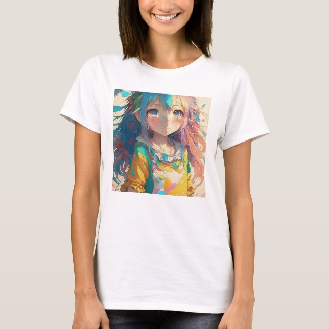 Schöne farbenfrohe Anime Girl T-Shirt (Vorderseite)