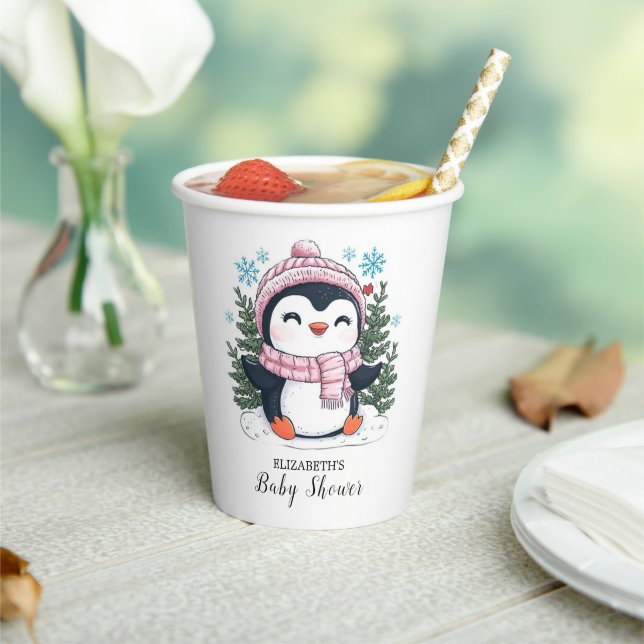 Schöne farbenfrohe Pinguin-Babydusche Pappbecher (In Situ)