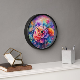 Schöne farbenfrohe Rose Holzrahmen Uhr
