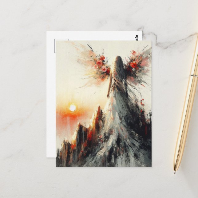 Schöne Fee auf dem Berg bei Sonnenaufgang Postkarte (Vorderseite/Rückseite Beispiel)