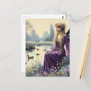 Schöne Fee im violetten Kleid am Entenweiher Postkarte