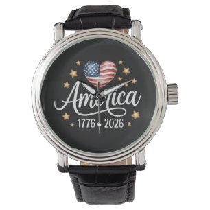 Schöne Flaggenherz 1776-2026 4. Juli 250.  Armbanduhr