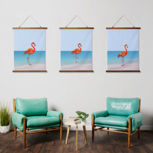 Schöne Flamingos am Strand Wandteppich Mit Holzrahmen
