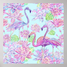 Schöne Flamingos und Lotus-Blume Poster