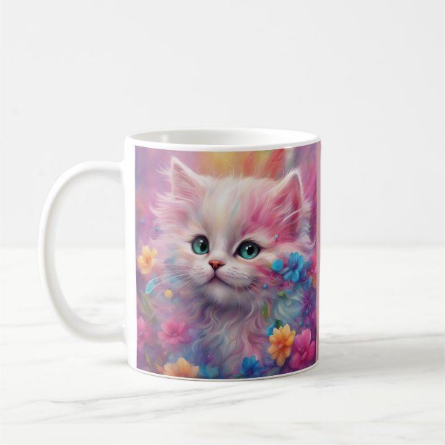 Schöne, flauschig weiße Katze Kaffeetasse (Links)