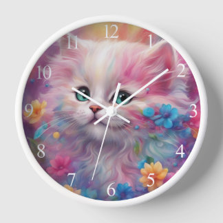 Schöne, flauschig weiße Katze Uhr