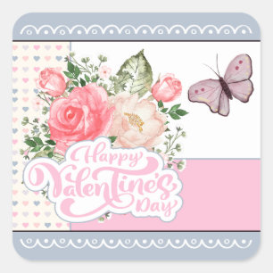 Schöne Flora und Schmetterling Valentinstag Quadratischer Aufkleber