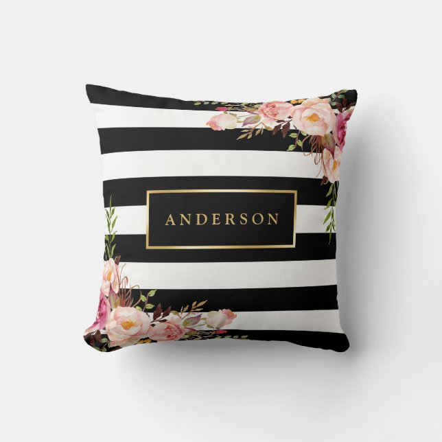 Schöne Flora Wrap Gold Frame Elegante Streifen Kissen (Vorderseite)