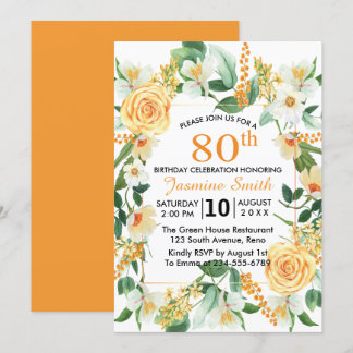 Schöne Floral Orange 80. Geburtstagsparty Einladung