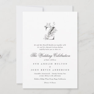 Schöne floral 'Z' Monogramm gezeichnete Hochzeit Einladung