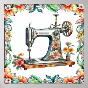 Schöne, florale, antike Nähmaschine Poster