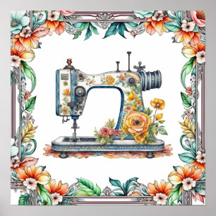 Schöne, florale, antike Nähmaschine und Blumen Poster