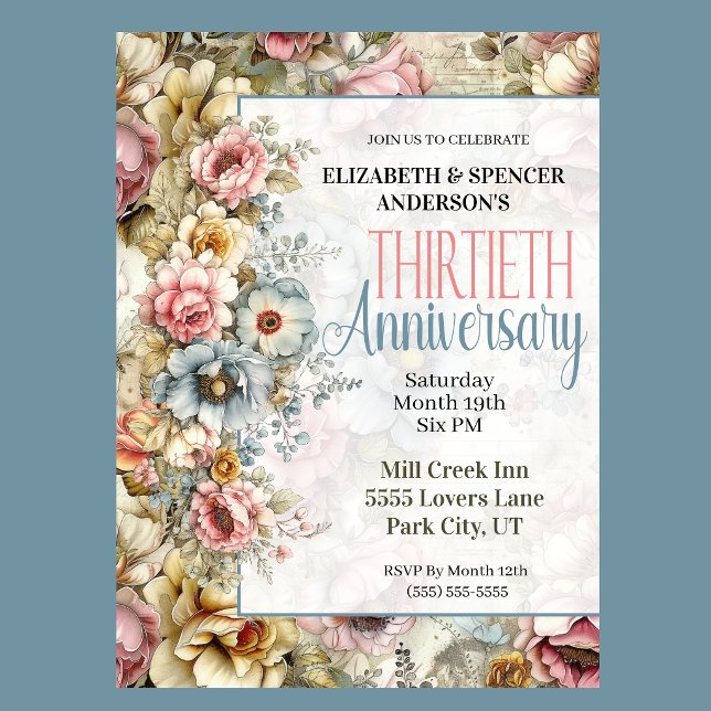 Schöne Florale Collage 30. Hochzeitstag Einladung (Vintage floral 30th anniversary invitation with watercolor flowers and romantic botanical design
)