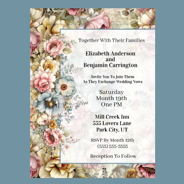 Schöne Florale Collage-Hochzeit Einladung (Vintage floral wedding invitation with watercolor flowers and romantic botanical design
)