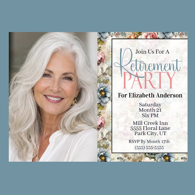 Schöne Florale Collage-Ruhestandsfeier Einladung (Vintage floral retirement party invitation with watercolor flowers and romantic botanical design
)