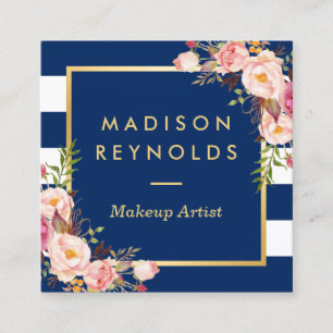 Schöne, florale Goldrahmen Navy White Strips Quadratische Visitenkarte