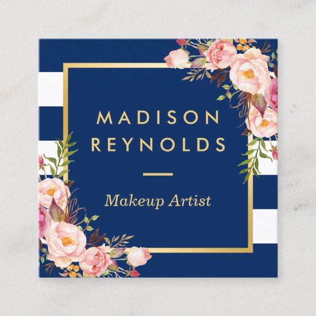 Schöne, florale Goldrahmen Navy White Strips Quadratische Visitenkarte (Vorderseite)