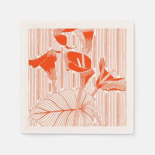 Schöne florale Linienkunst mit orangefarbenen Pfla Serviette (Vorderseite)