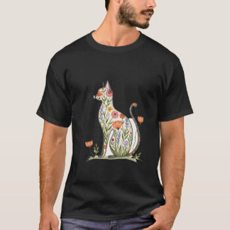 Schöne florale Silhouette Katze T-Shirt