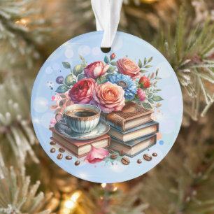 Schöne florale Vintage-Bücher und Kaffee Weihnacht Ornament