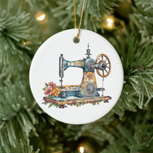 Schöne florale Vintage-Nähmaschine Weihnachten Keramik Ornament