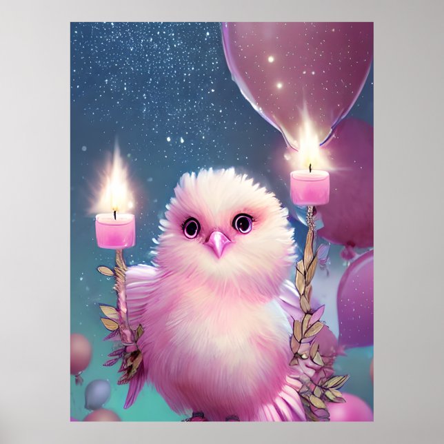 Schöne Fluffy Pink Birthday Baby Bird Poster (Vorne)
