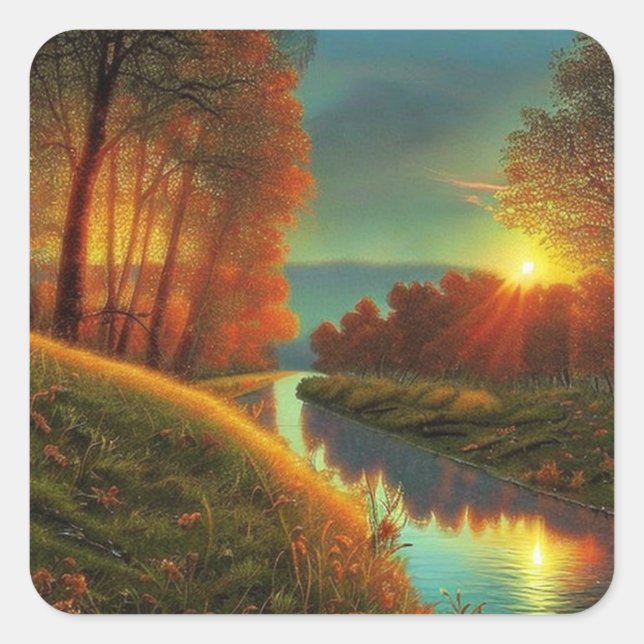 Schöne Flusslandschaft Quadratischer Aufkleber (Vorderseite)