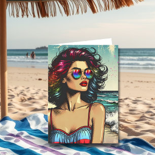 Schöne Frau am Strand Pop-Art Geburtstag Karte