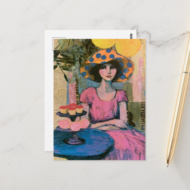 Schöne Frau an der Cupcake-Tisch-Collage Postkarte (Vorderseite/Rückseite Beispiel)